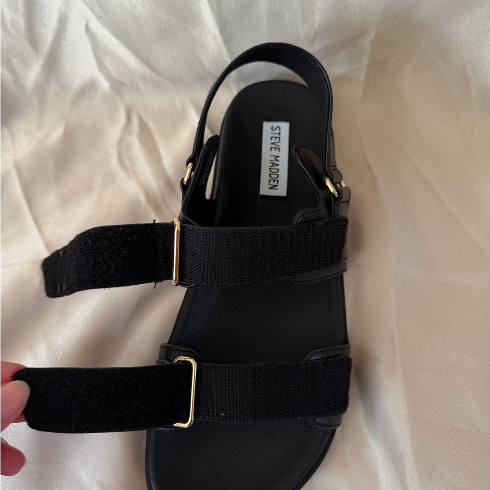 Steve Madden Black Sandals with Gold Accents - Picture 4 of 16